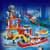 Image of Fire Station City Oceans Blocks Compatible Fire Station Set with Fire Station Fire Helicopter Fire Ship Rescue Boat