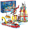 Image of Fire Station City Oceans Blocks Compatible Fire Station Set with Fire Station Fire Helicopter Fire Ship Rescue Boat