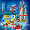 Image of Fire Station City Oceans Blocks Compatible Fire Station Set with Fire Station Fire Helicopter Fire Ship Rescue Boat